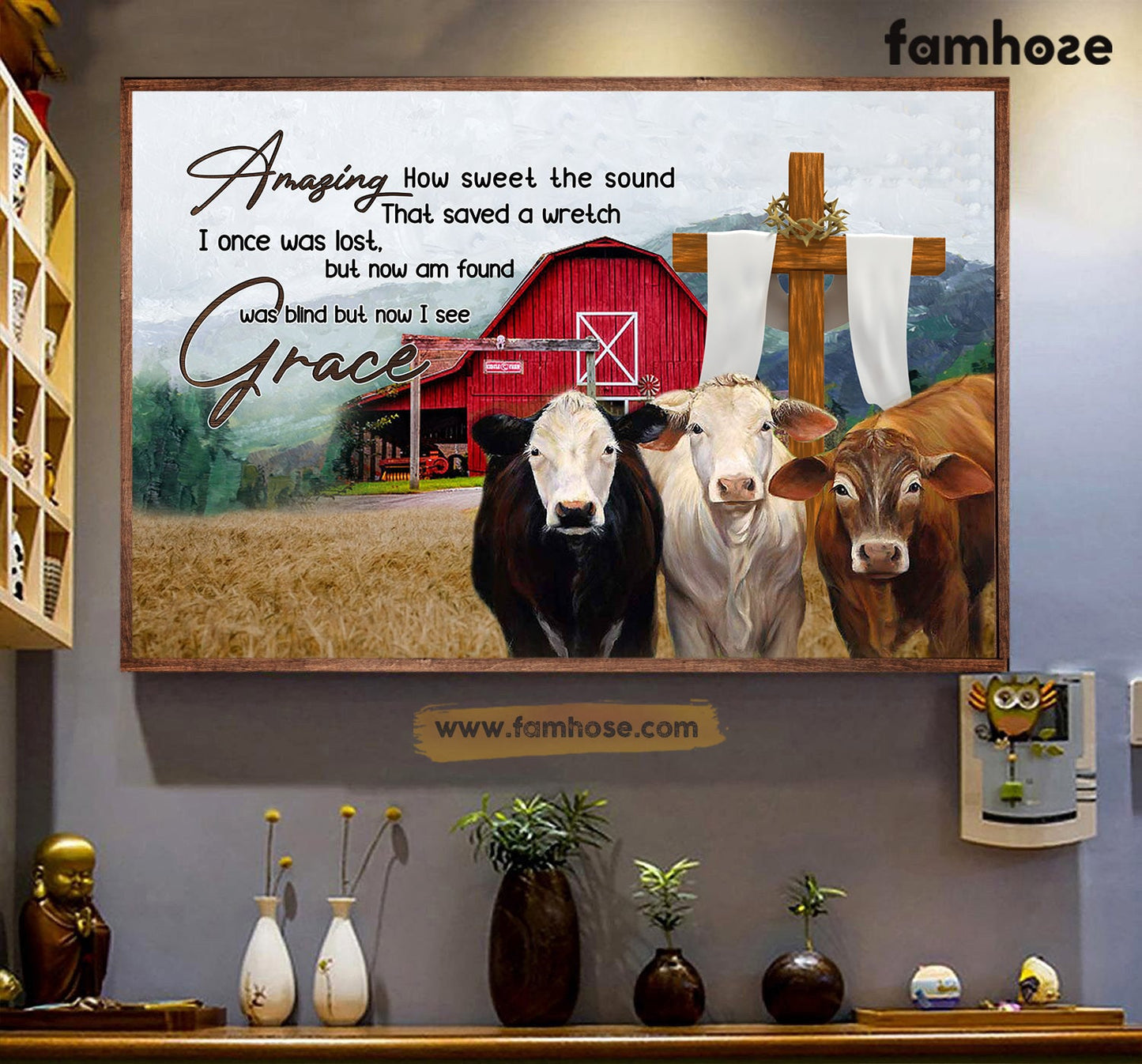 Cow Poster/Canvas, How Sweet The Sound I Once Was Lost But Now I See Grace, Cow Canvas Wall Art, Poster Gift For Cow Lovers