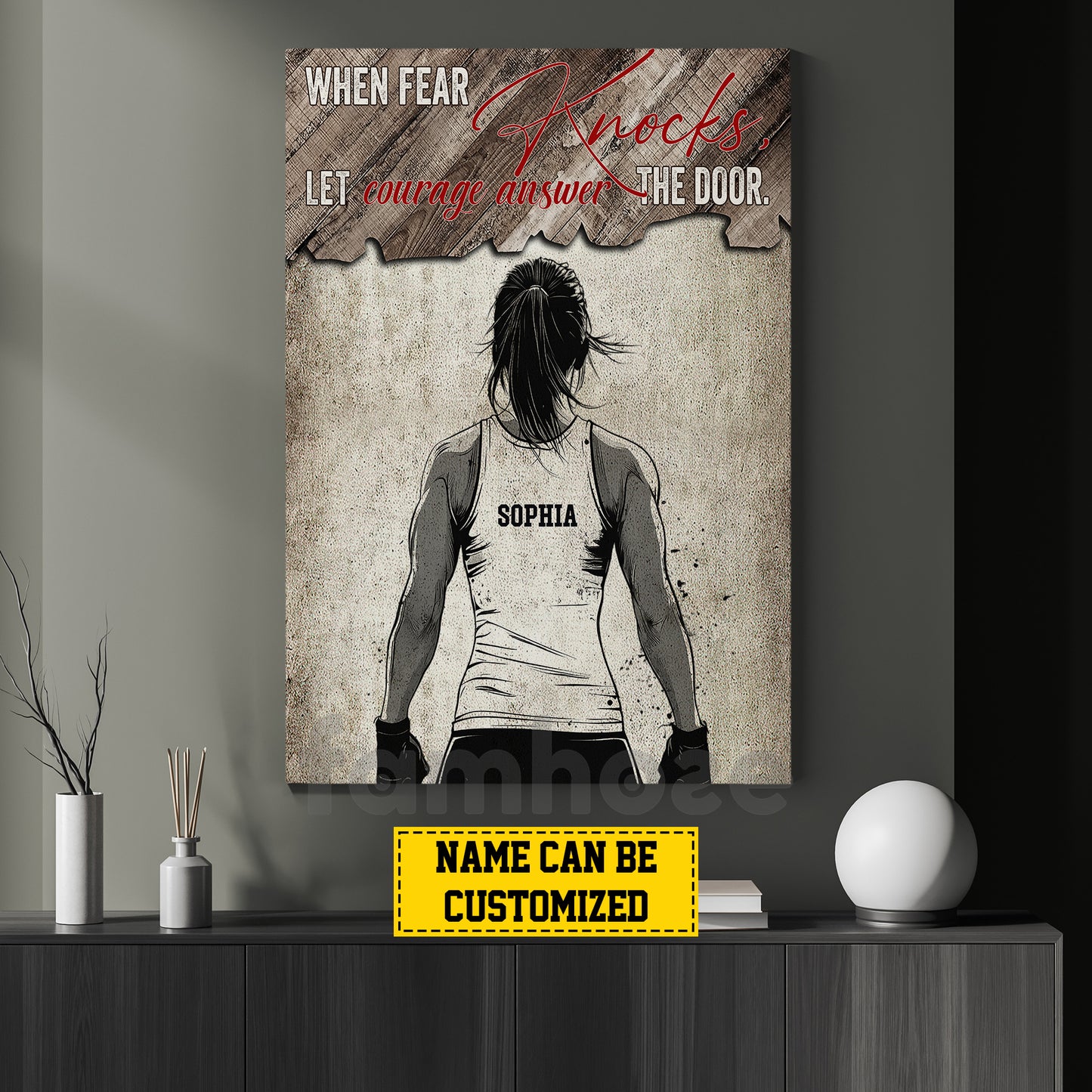Personalized Wrestling Canvas Painting, When Fear Knocks Inspirational Quote Wall Art Decor, Poster Gift For Wrestling Lovers