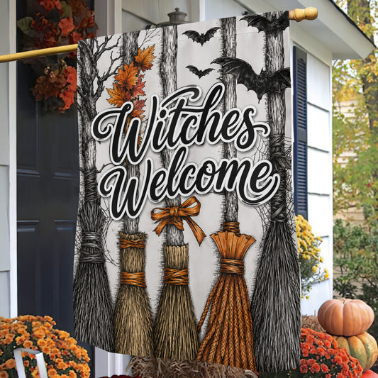 Halloween Witches Welcome Garden & House Flag, Witch Broom Yard Flag Spooky Season Gift For Witch Lover