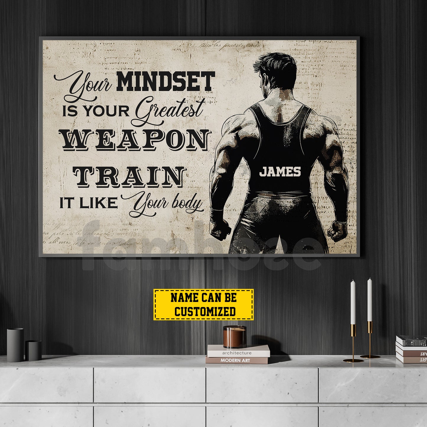 Personalized Wrestling Man Canvas Painting, Your Mindset Is Your Greastest Weapon Inspirational Quote Wall Art Decor, Poster Gift For Wrestling Lovers