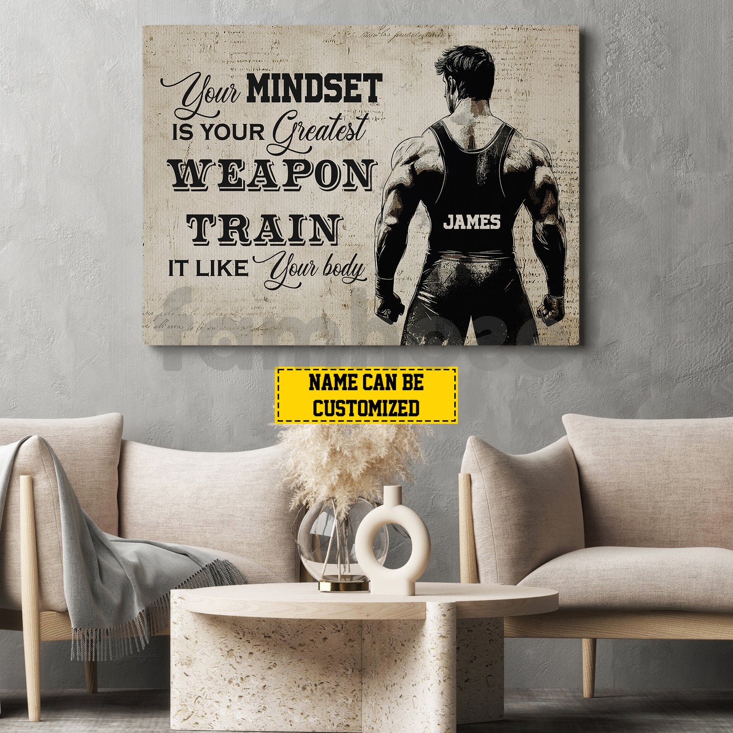 Personalized Wrestling Man Canvas Painting, Your Mindset Is Your Greastest Weapon Inspirational Quote Wall Art Decor, Poster Gift For Wrestling Lovers