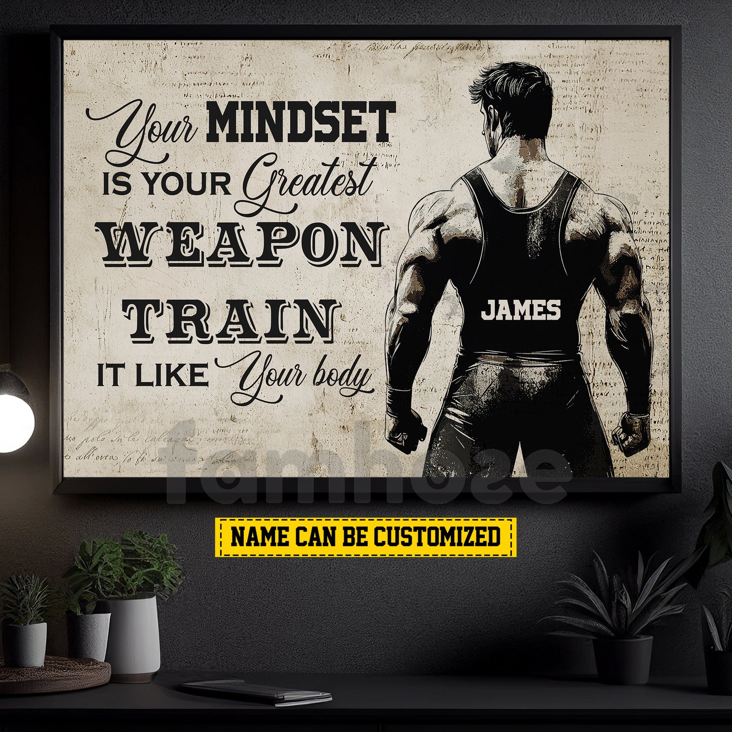 Personalized Wrestling Man Canvas Painting, Your Mindset Is Your Greastest Weapon Inspirational Quote Wall Art Decor, Poster Gift For Wrestling Lovers