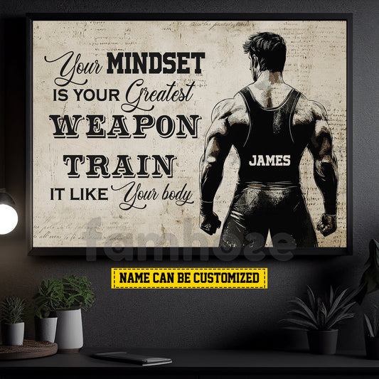 Personalized Wrestling Man Canvas Painting, Your Mindset Is Your Greastest Weapon Inspirational Quote Wall Art Decor, Poster Gift For Wrestling Lovers