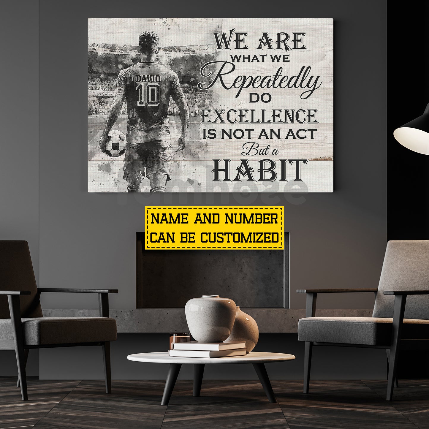 Motivational Personalized Soccer Man Canvas Painting, We Are What We Repeatedly Sports Quotes Wall Art Decor, Poster Gift For Soccer Lovers