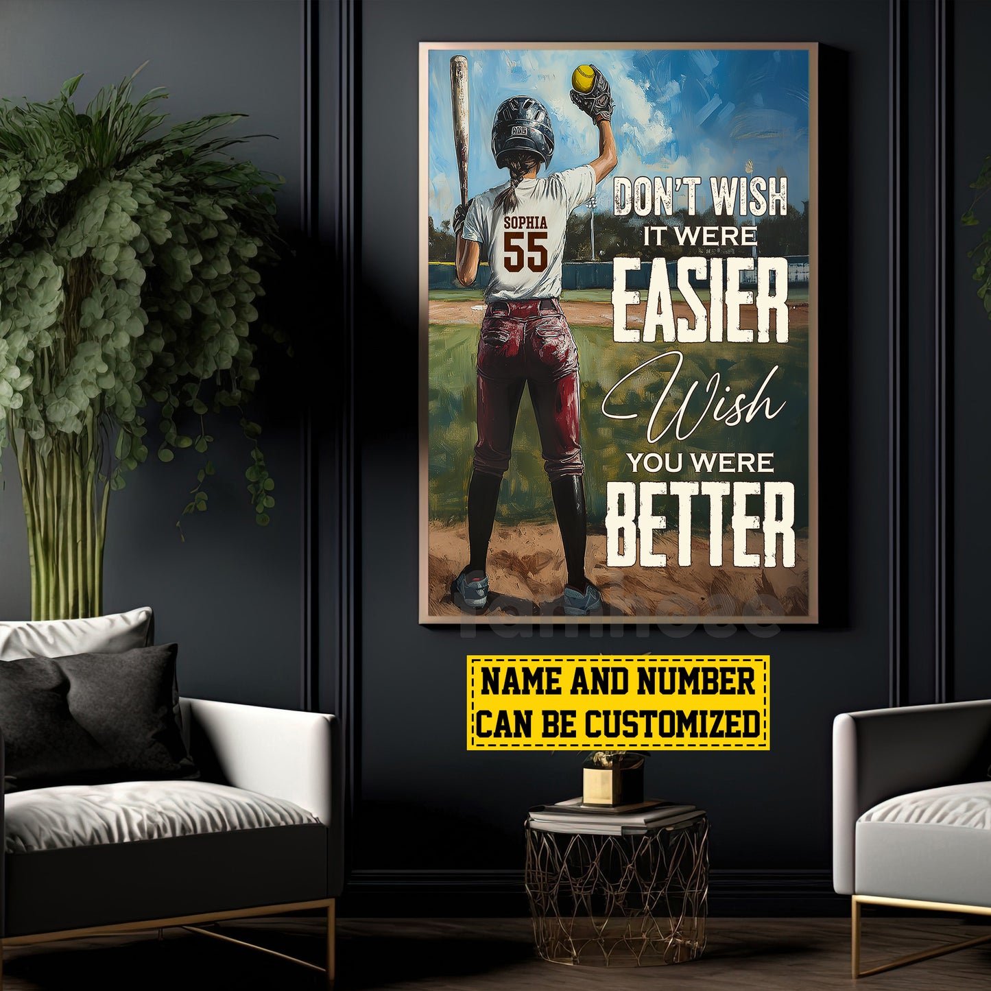 Funny Personalized Softball Woman Canvas Painting, Don't Wish It Were Easier Inspirational Quote Wall Art Decor, Poster Gift For Softball Lovers