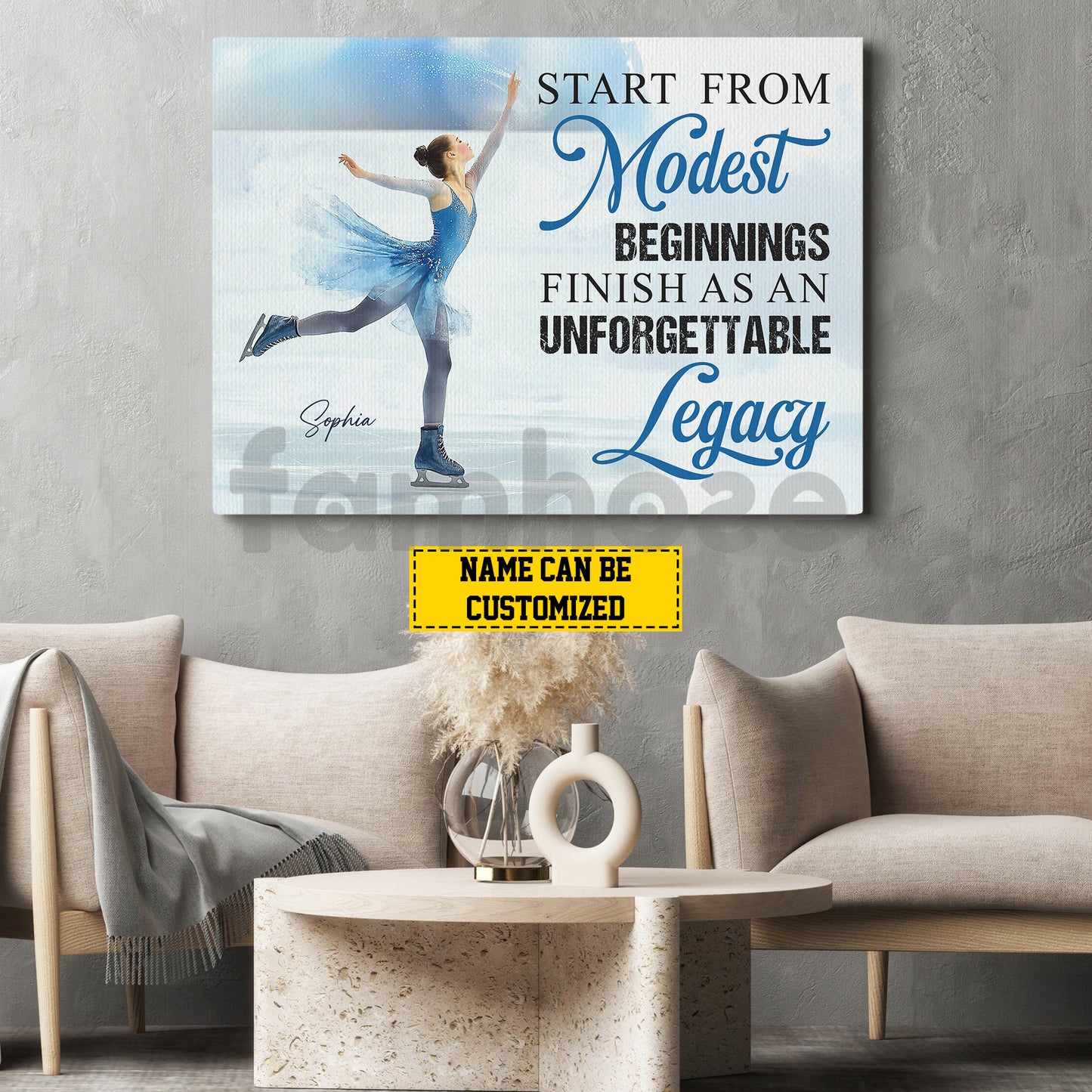 Personalized Ice Skating Canvas Painting, Start From Modest Beginnings Inspirational Quote Wall Art Decor, Poster Gift For Ice Skating Lovers