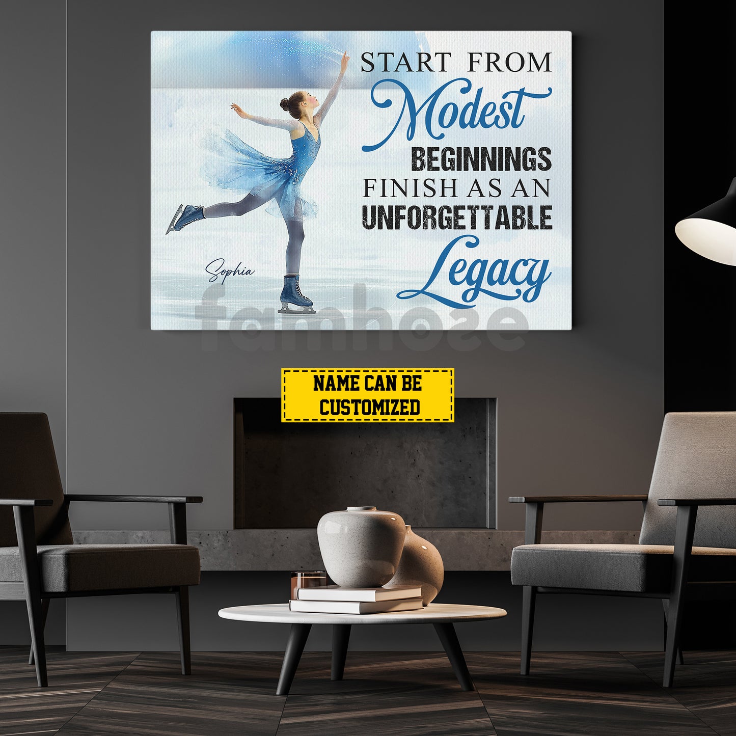 Personalized Ice Skating Canvas Painting, Start From Modest Beginnings Inspirational Quote Wall Art Decor, Poster Gift For Ice Skating Lovers