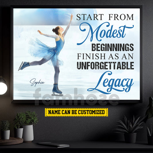 Personalized Ice Skating Canvas Painting, Start From Modest Beginnings Inspirational Quote Wall Art Decor, Poster Gift For Ice Skating Lovers