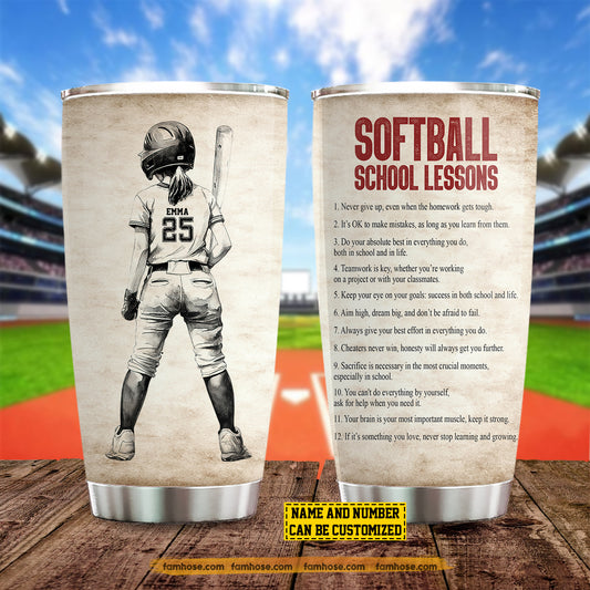 Personalized School Softball Kid Tumbler, Softball School Lessons Stainless Steel Tumbler Gift For Softball Lovers