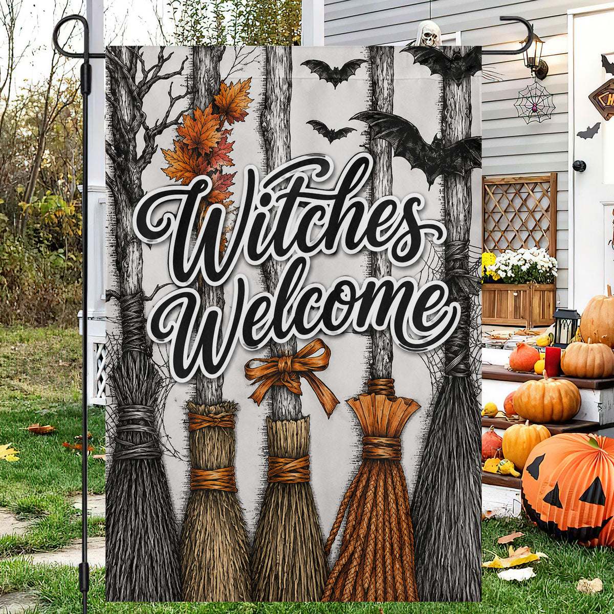 Halloween Witches Welcome Garden & House Flag, Witch Broom Yard Flag Spooky Season Gift For Witch Lover