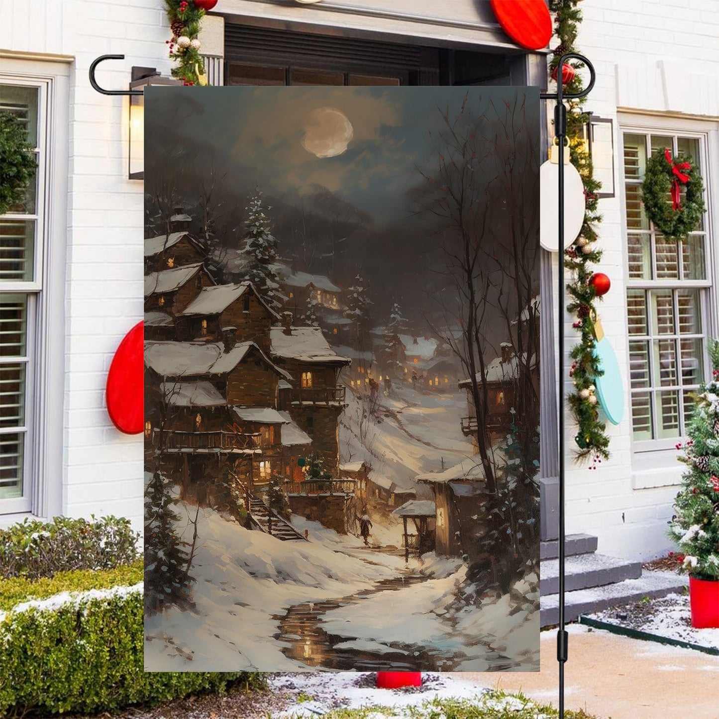 Moonlit Winter Village, Christmas Garden Flag - House Flag, Christmas Flag Gift