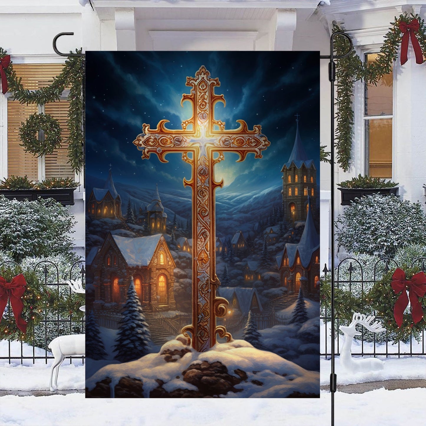 Majestic Midnight Cross Garden Flag & House Flag, Nativity Religious Winter Christians Flag Gift