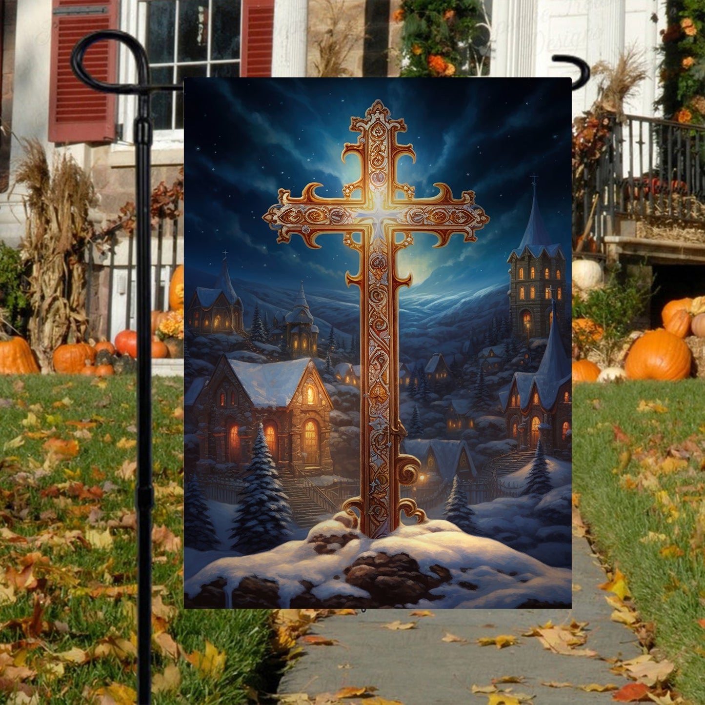 Majestic Midnight Cross Garden Flag & House Flag, Nativity Religious Winter Christians Flag Gift