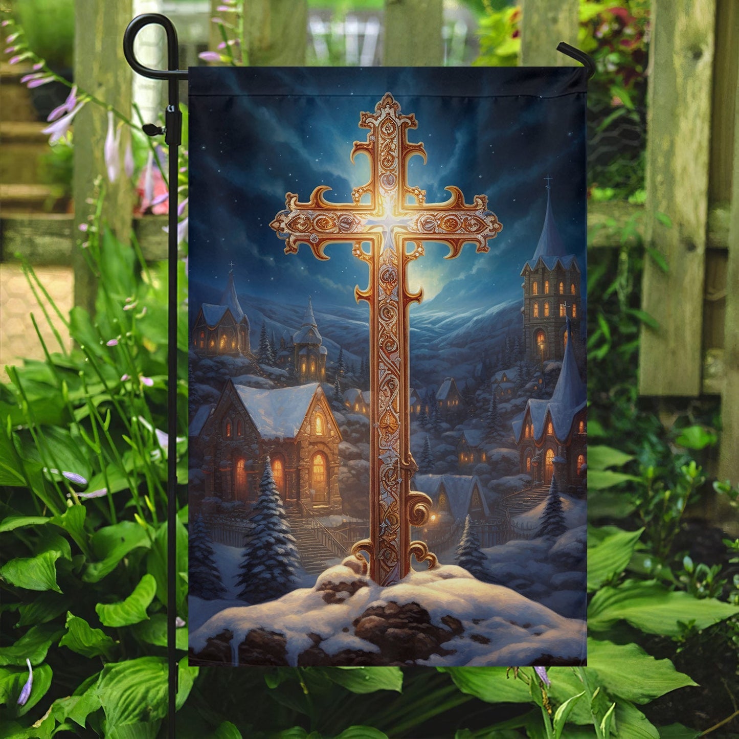 Majestic Midnight Cross Garden Flag & House Flag, Nativity Religious Winter Christians Flag Gift