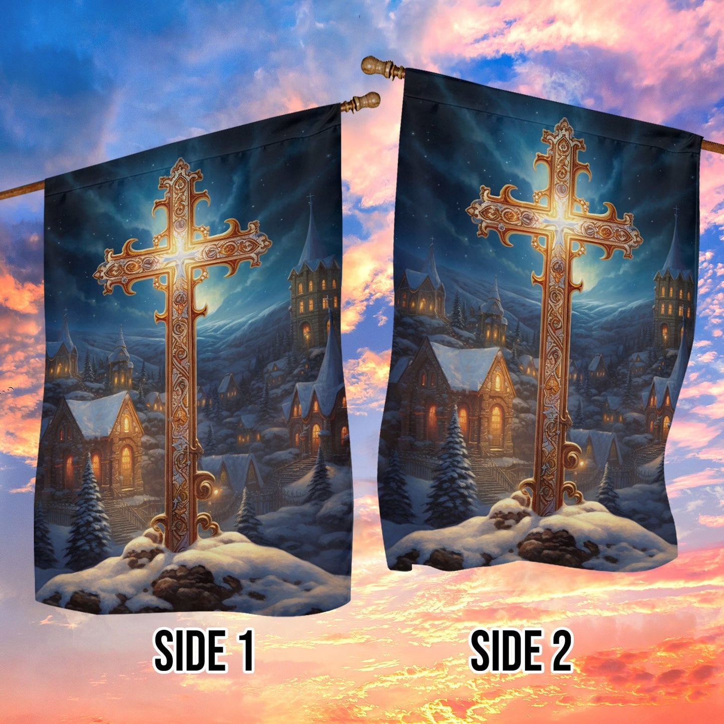 Majestic Midnight Cross Garden Flag & House Flag, Nativity Religious Winter Christians Flag Gift