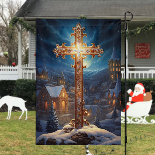 Majestic Midnight Cross Garden Flag & House Flag, Nativity Religious Winter Christians Flag Gift