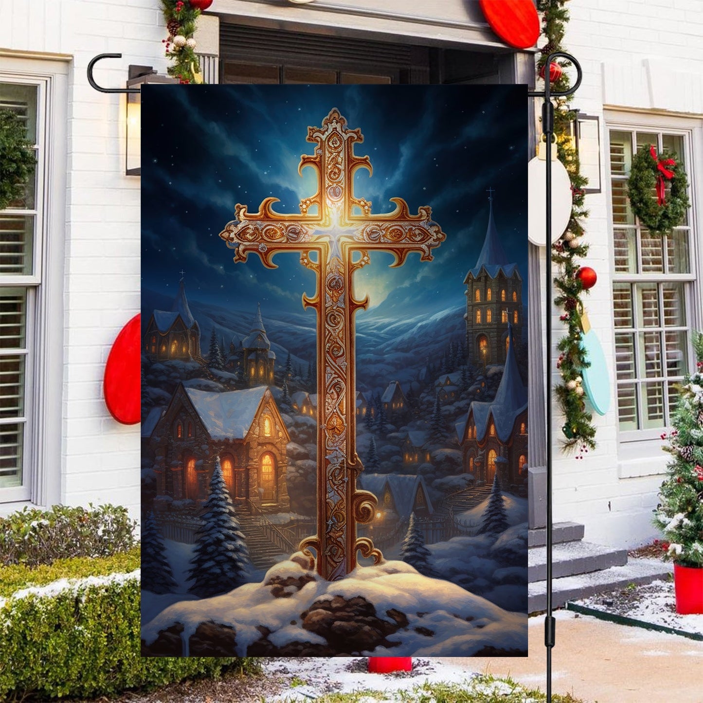 Majestic Midnight Cross Garden Flag & House Flag, Nativity Religious Winter Christians Flag Gift