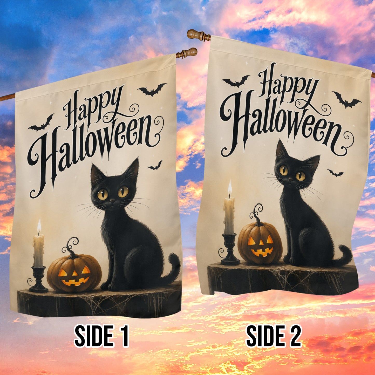 Halloween Black Cat Garden & House Flag, Happy Halloween Yard Flag, Spooky Season Gift For Cat Lover