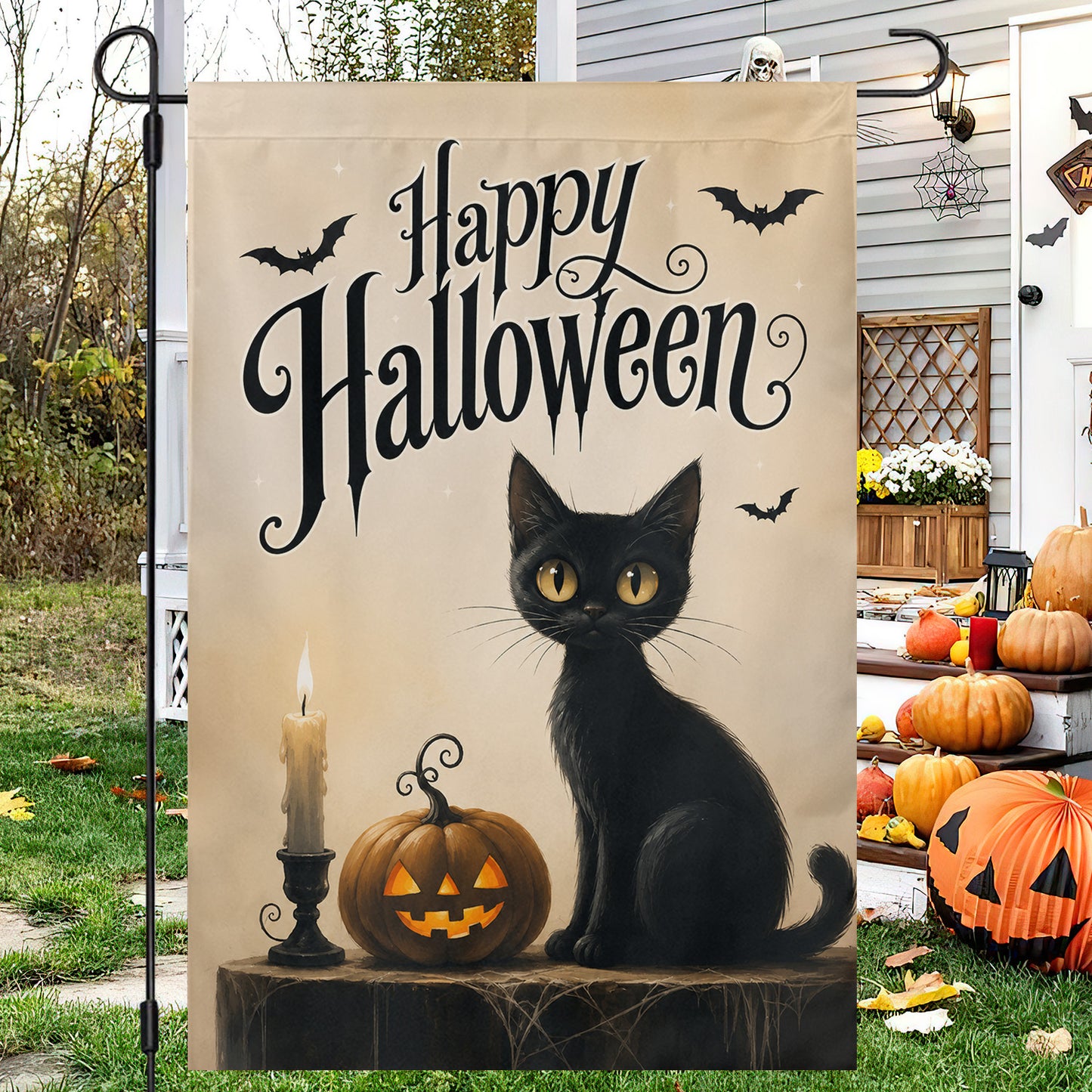 Halloween Black Cat Garden & House Flag, Happy Halloween Yard Flag, Spooky Season Gift For Cat Lover