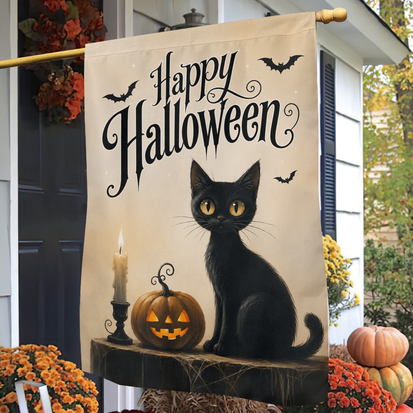 Halloween Black Cat Garden & House Flag, Happy Halloween Yard Flag, Spooky Season Gift For Cat Lover