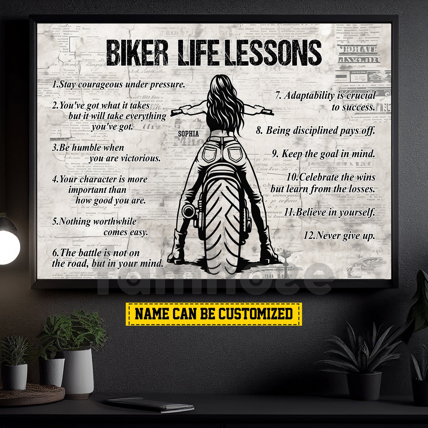 Motivational Personalized Motorcycle Woman Canvas Painting, Biker Life Lessons Cool Biker Wall Art Decor, Poster Gift For Biker Lovers