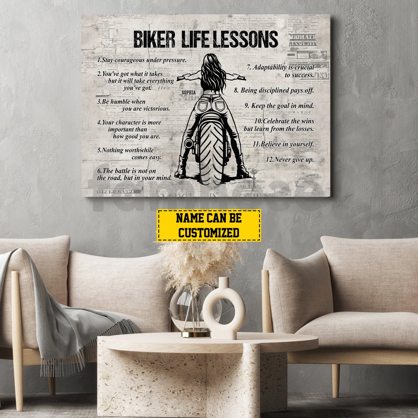 Motivational Personalized Motorcycle Woman Canvas Painting, Biker Life Lessons Cool Biker Wall Art Decor, Poster Gift For Biker Lovers