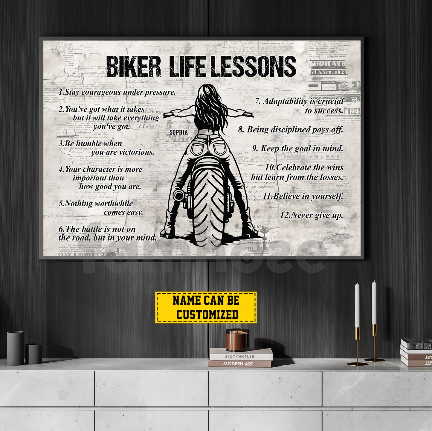 Motivational Personalized Motorcycle Woman Canvas Painting, Biker Life Lessons Cool Biker Wall Art Decor, Poster Gift For Biker Lovers