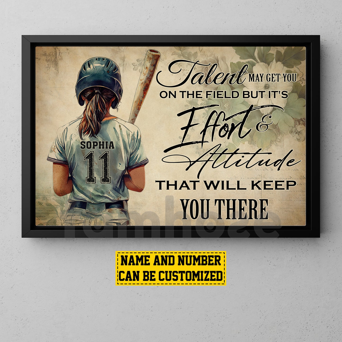 Motivational Personalized Softball Girl Canvas Painting, Talent May Got You On The Field Sport Wall Art Decor, Poster Gift For Softball Lovers