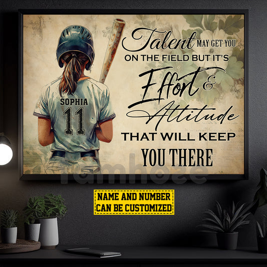 Motivational Personalized Softball Girl Canvas Painting, Talent May Got You On The Field Sport Wall Art Decor, Poster Gift For Softball Lovers