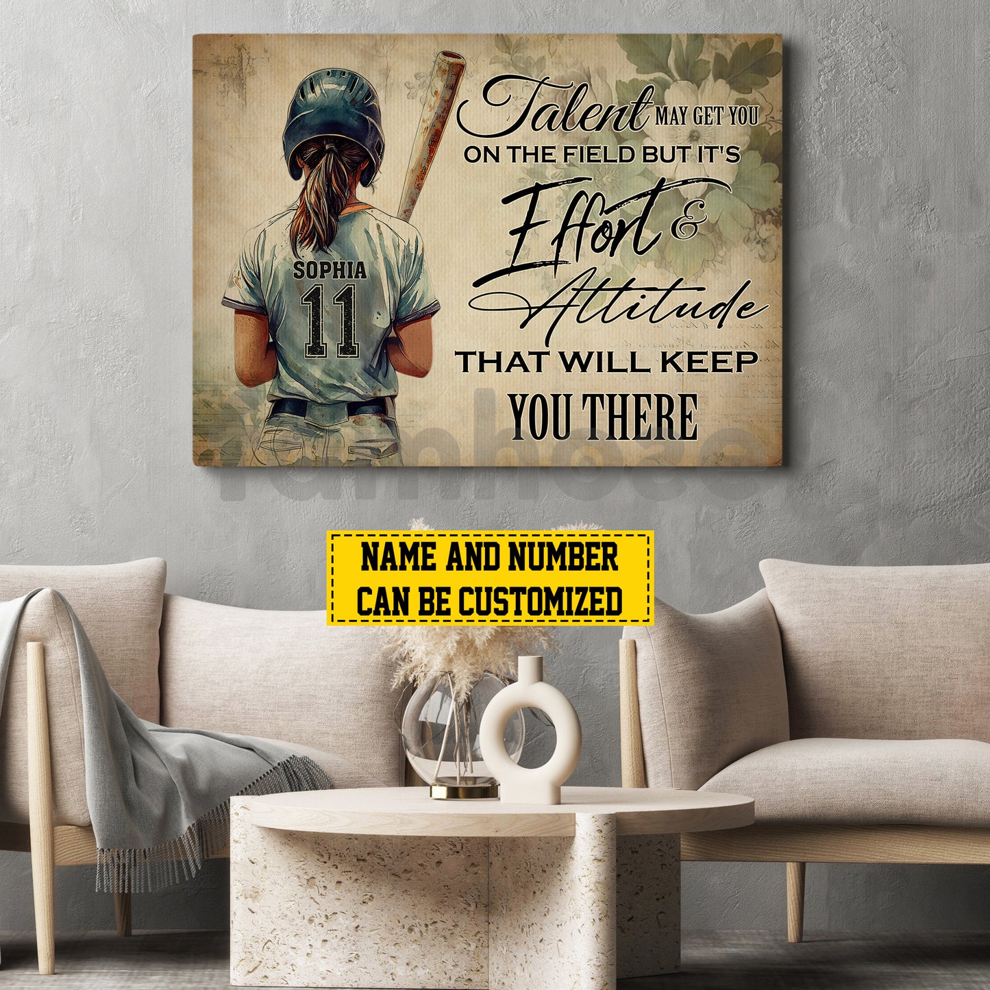 Motivational Personalized Softball Girl Canvas Painting, Talent May Got You On The Field Sport Wall Art Decor, Poster Gift For Softball Lovers