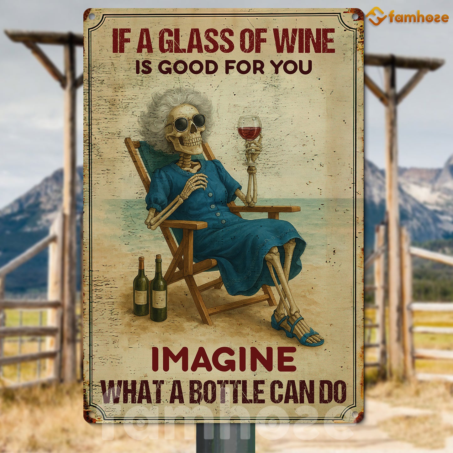 Funny Pool Skeleton Metal Sign, If A Glass Of Wine Pool Sign, Pool Decor Gift For Pool Lovers