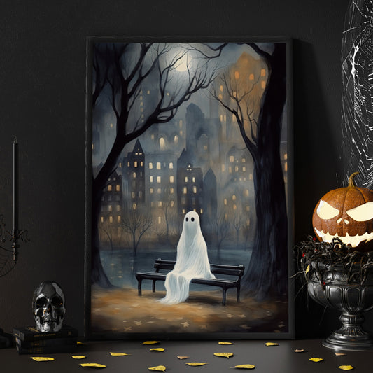 Alone Ghost In The City Halloween Canvas Painting, Wall Art Decor - Dark Vintage Ghost Halloween Poster Gift