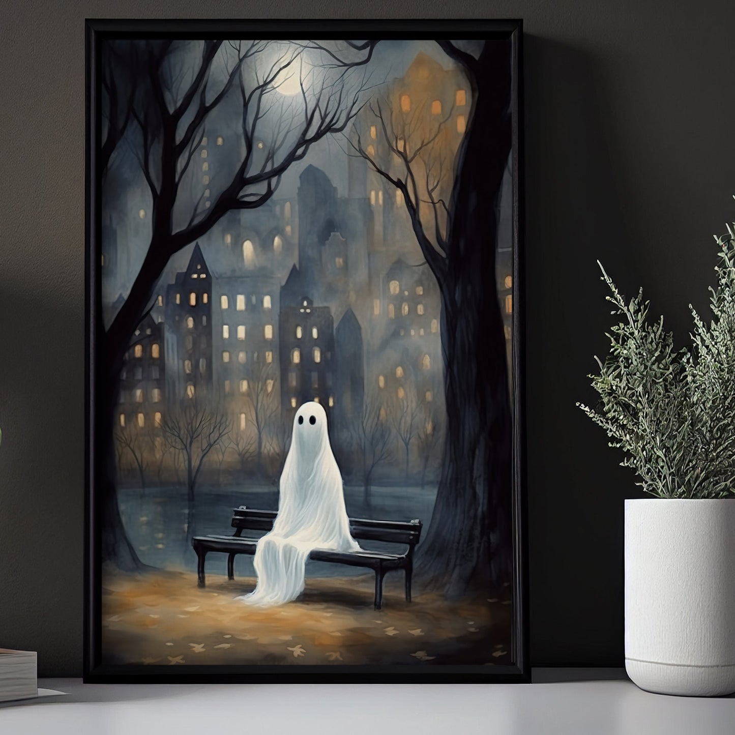 Alone Ghost In The City Halloween Canvas Painting, Wall Art Decor - Dark Vintage Ghost Halloween Poster Gift