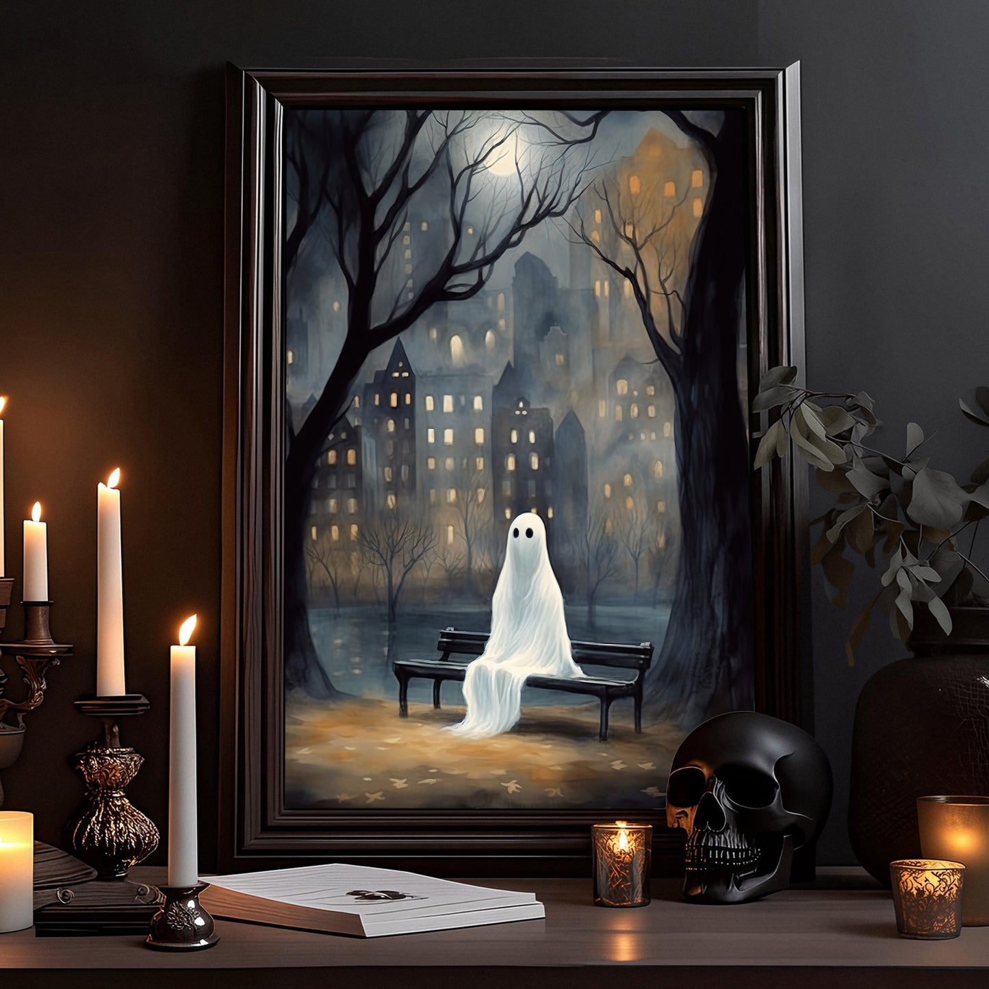 Alone Ghost In The City Halloween Canvas Painting, Wall Art Decor - Dark Vintage Ghost Halloween Poster Gift