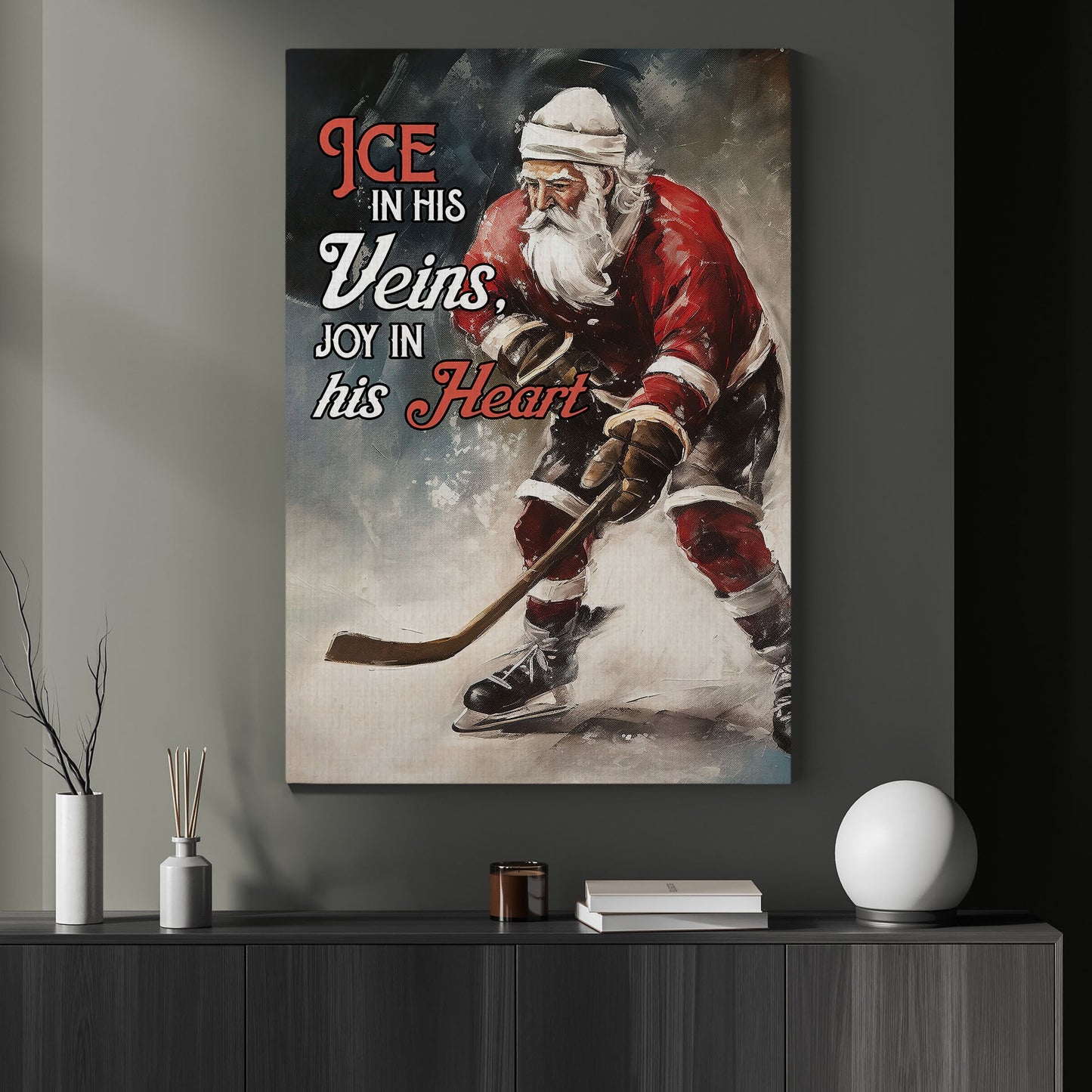 Ice in his Veins, Joy in his Heart, Hockey Christmas Canvas Painting, Xmas Wall Art Decor - Christmas Poster Gift For Hockey Lovers