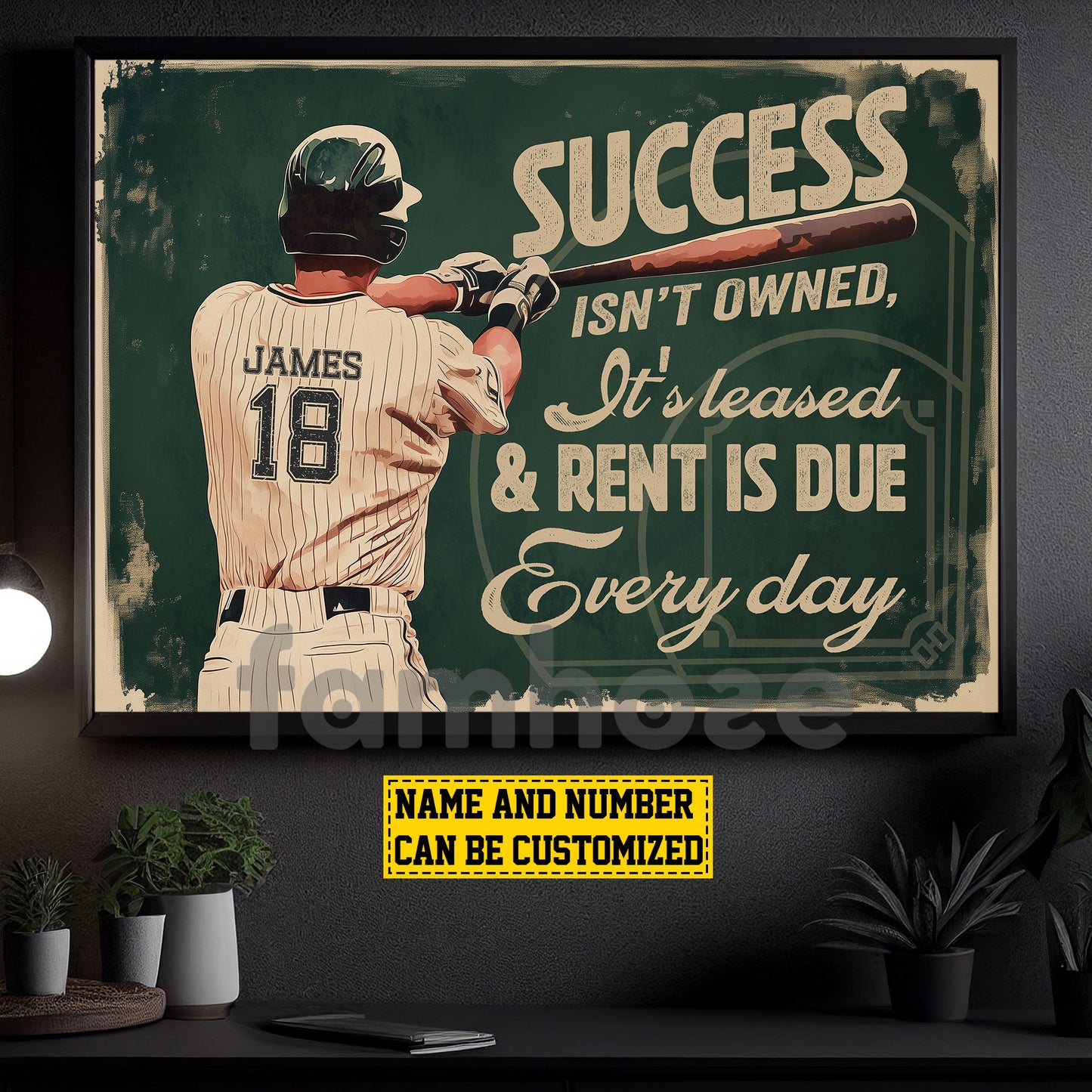 Personalized Baseball Man Canvas Painting, Success Isn't Owned It's Leased Sport Wall Art Decor, Poster Gift For Baseball Lovers