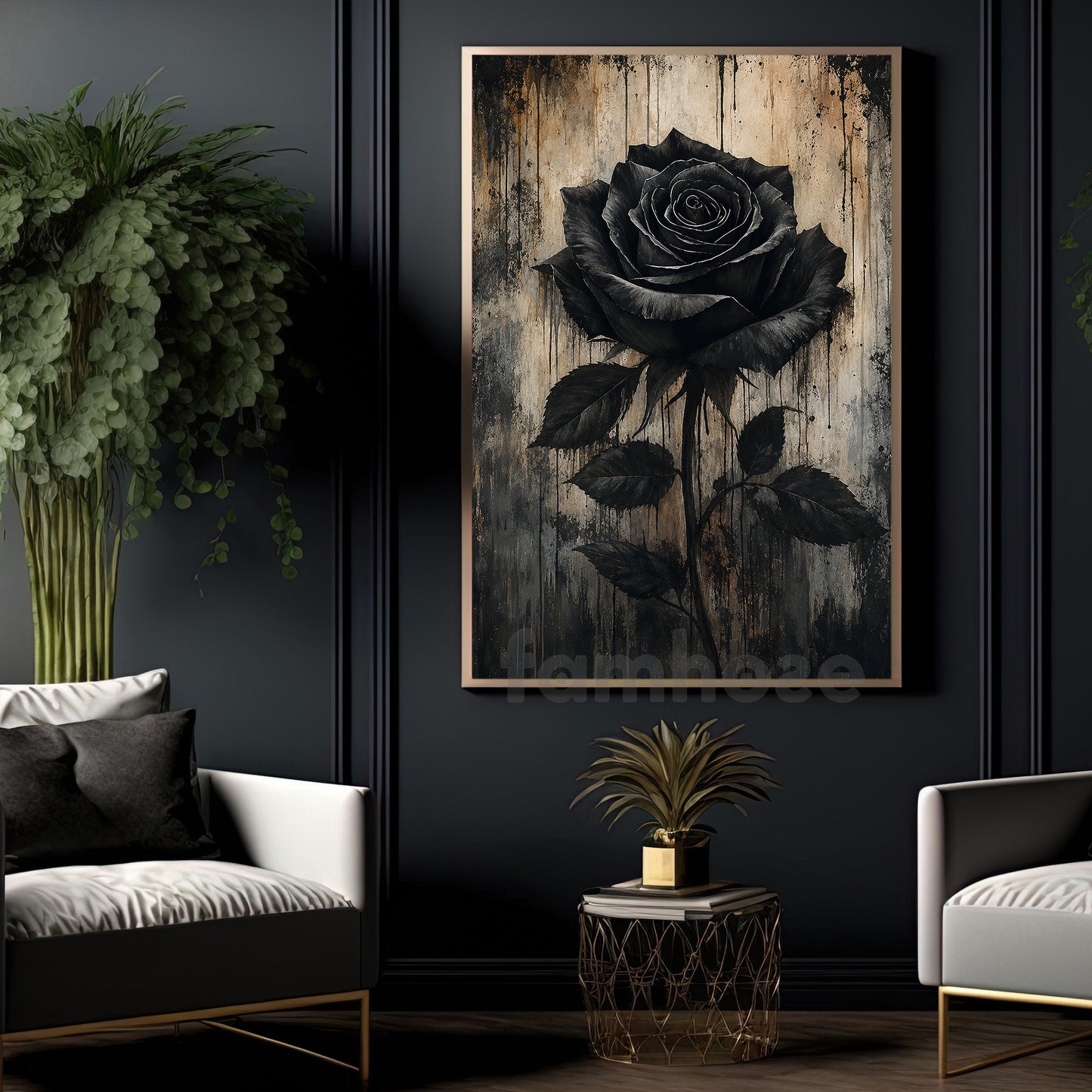 Halloween Gothic Floral Canvas Painting, Black Rose Wall Art Decor, Spooky Season Poster Gift