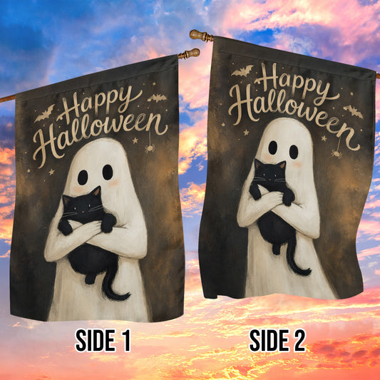 Vintage Halloween Ghost & Black Cat Garden & House Flag, Happy Halloween Yard Flag, Spooky Season Gift For Ghost Lover