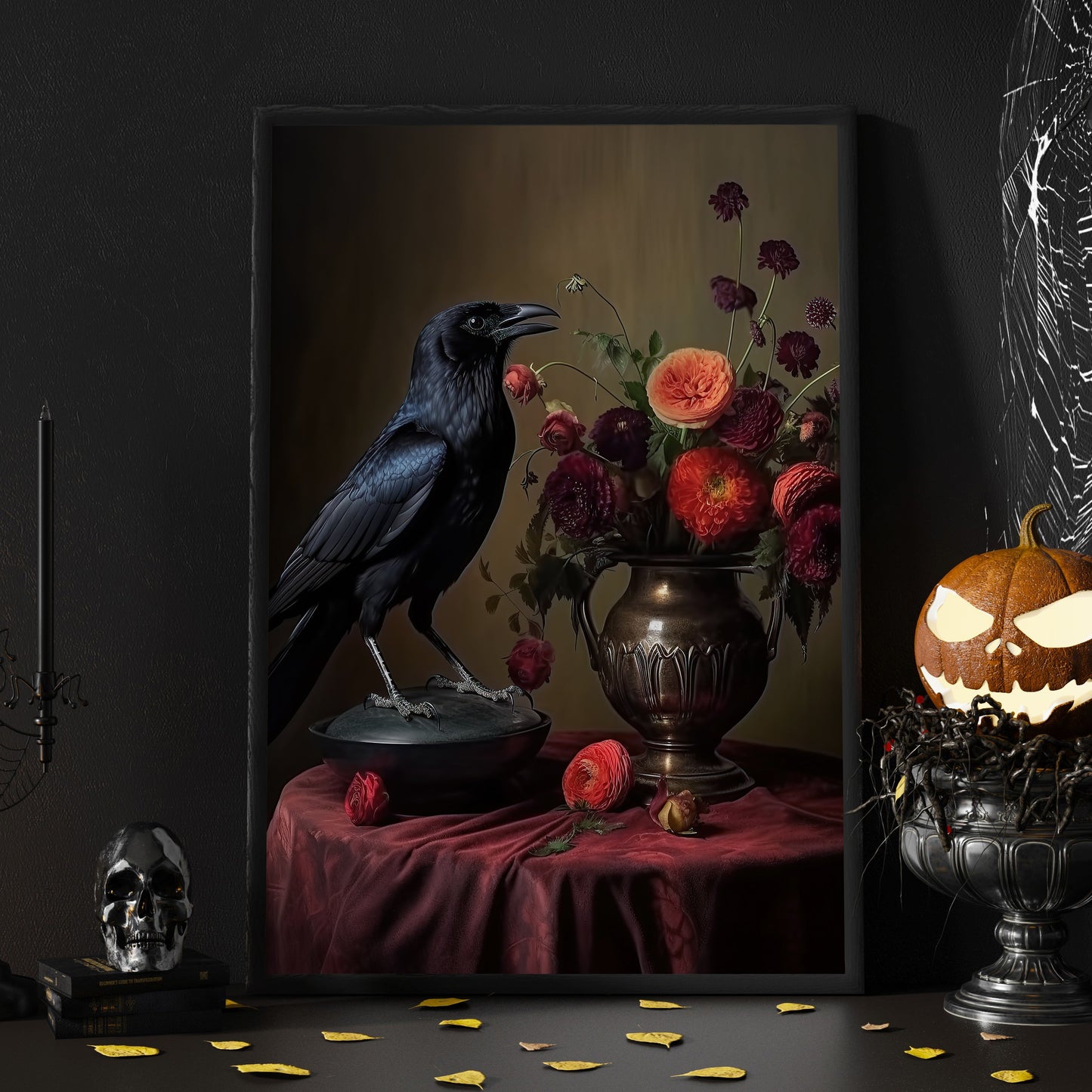 Black Raven and Moody Flowers Spooky Halloween Canvas Painting, Wall Art Decor - Botanical Floral Halloween Poster Gift