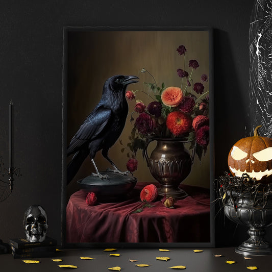 Black Raven and Moody Flowers Spooky Halloween Canvas Painting, Wall Art Decor - Botanical Floral Halloween Poster Gift