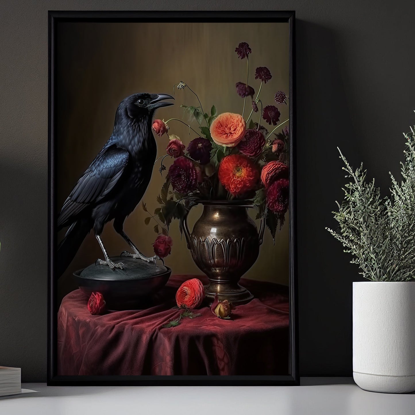 Black Raven and Moody Flowers Spooky Halloween Canvas Painting, Wall Art Decor - Botanical Floral Halloween Poster Gift