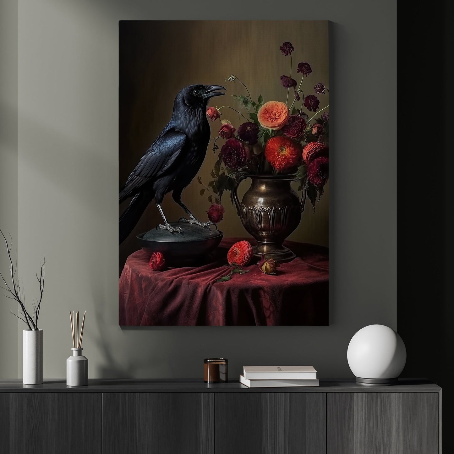 Black Raven and Moody Flowers Spooky Halloween Canvas Painting, Wall Art Decor - Botanical Floral Halloween Poster Gift