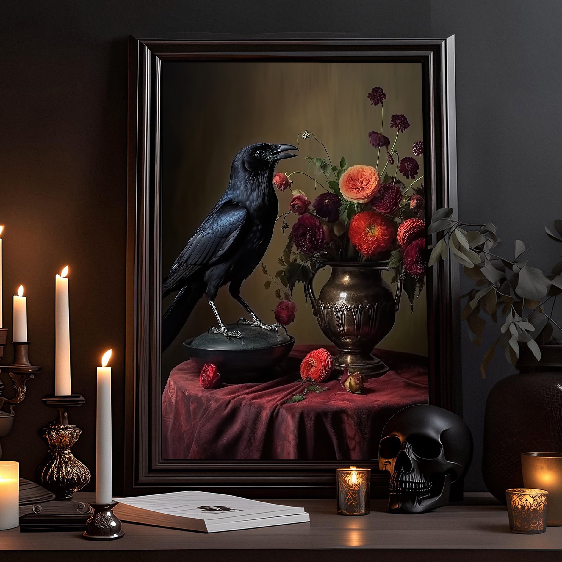 【送料込】NOVEMBER ARTISTE BLACK DESIGN 150cm Black Raven and Moody Flowers Spooky Halloween Canvas Painting
