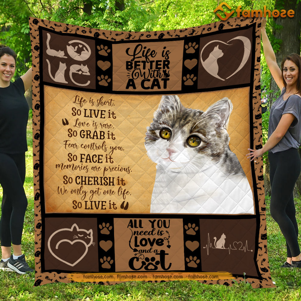 Cat Blanket, Life Is Short So Live It Love Is Rare So Grab It Fleece Blanket - Sherpa Blanket Gift For Cat Lover, Cat Owners