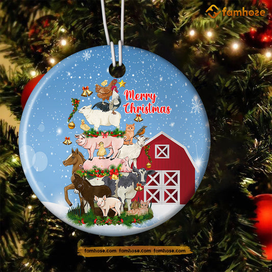 Christmas Farm Ornament, Merry Christmas On The Farm Animals Christmas Gift For Farmers, Circle Ceramic Ornament