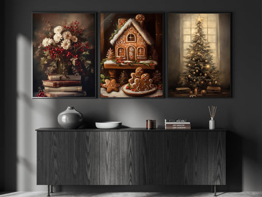 Set Of 3 Vintage Christmas Art Print, Retro Christmas Canvas Print, Christmas Wall Decor, Cottage Christmas Painting, Rustic Christmas Decor