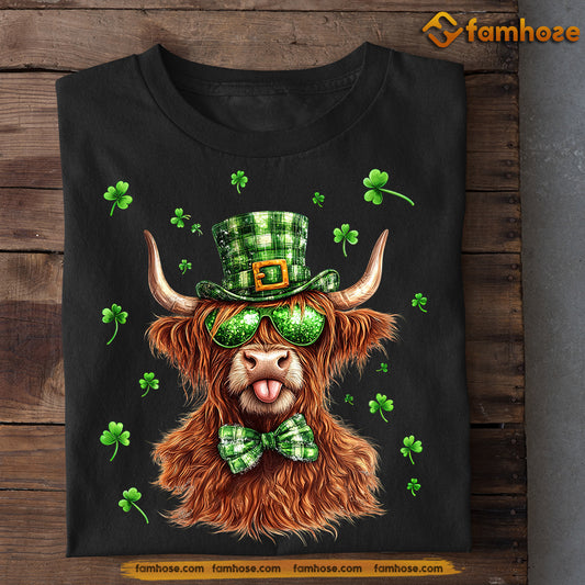 Funny St. Patrick's Day Highland Cow T-shirt, Highland Cow With Shamrocks, Patricks Day Gift For Cow Lovers, Farmer Tees