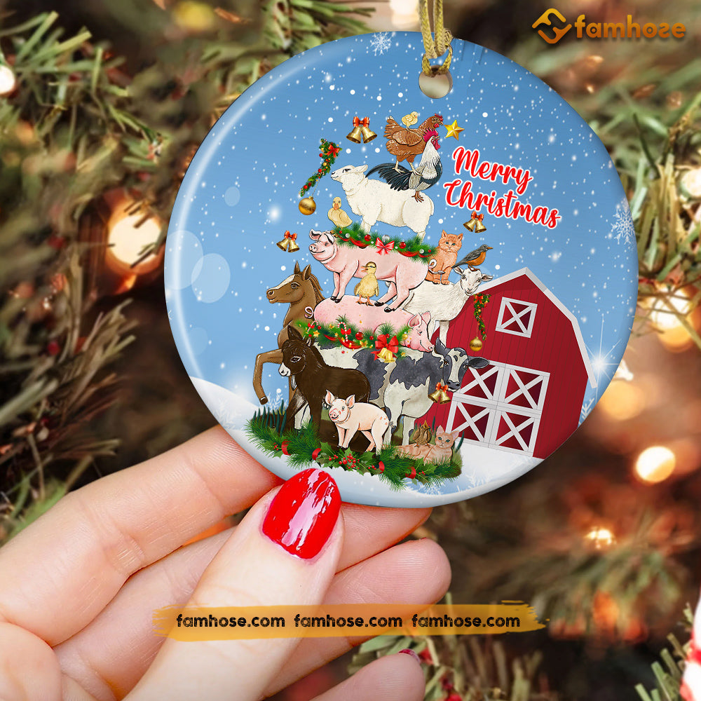 Christmas Farm Ornament, Merry Christmas On The Farm Animals Christmas Gift For Farmers, Circle Ceramic Ornament