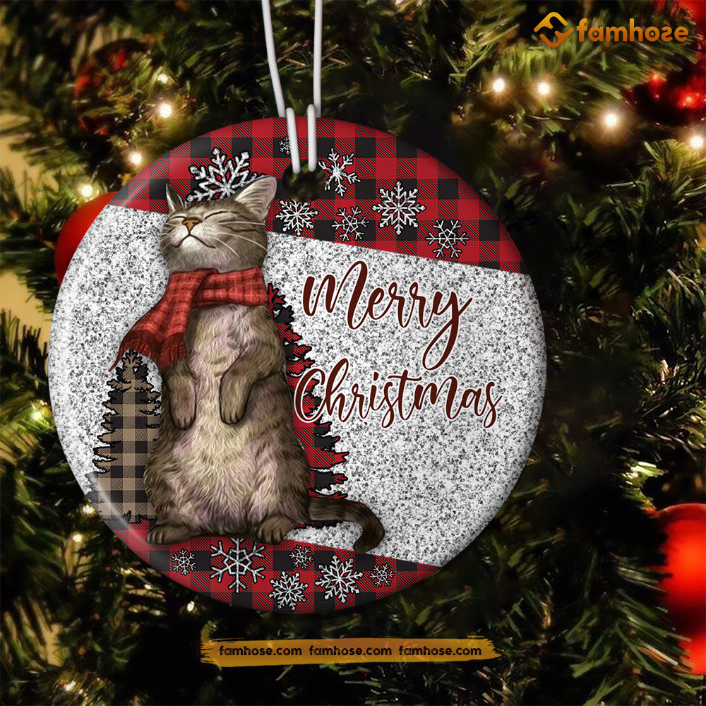 Christmas Cat Ornament, Merry Christmas Cat With Scarf Santa Gift For Cat Lovers, Circle Ceramic Ornament