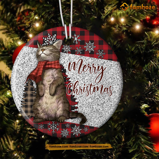 Christmas Cat Ornament, Merry Christmas Cat With Scarf Santa Gift For Cat Lovers, Circle Ceramic Ornament